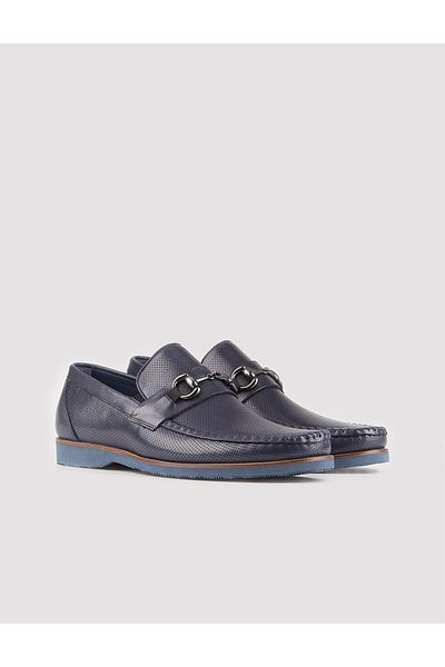 Cabani Men's Genuine Leather Navy Blue Casual Shoes with Metal Buckle Accessories
