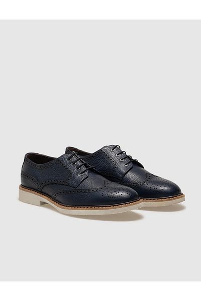 Cabani Genuine Leather Navy Blue Lace-Up Men's Casual Shoes