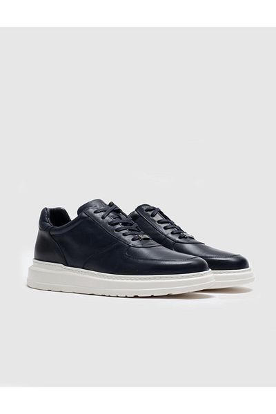 Cabani Navy Blue Genuine Leather Lace-Up Men's Sports Shoes