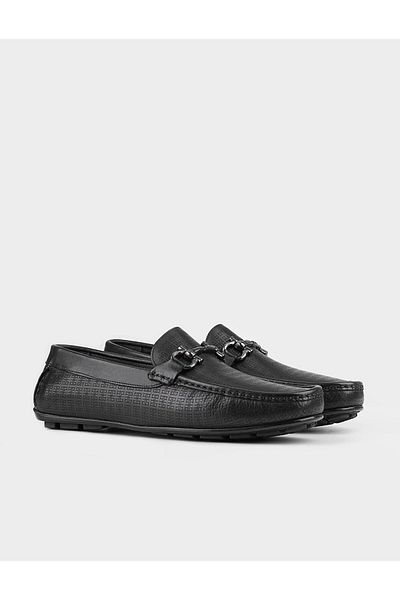 Cabani Men's Genuine Leather Black Loafer Shoes with Buckle Accessories