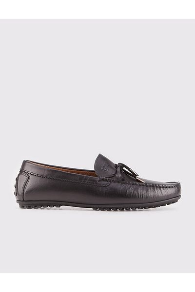 Cabani Men's Genuine Leather Bow Black Loafer Shoes