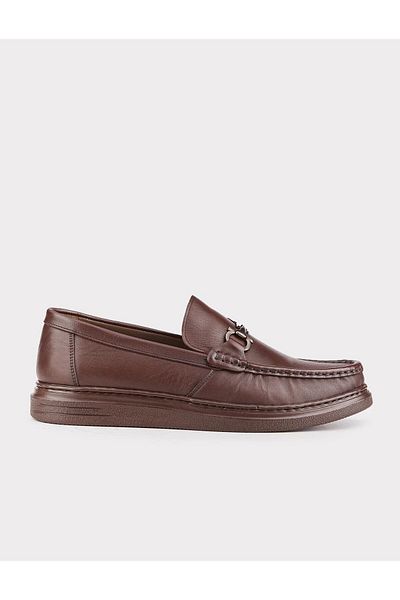 Cabani Genuine Leather Brown Men's Casual Shoes with Metal Buckle
