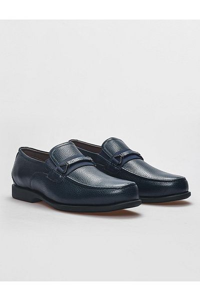 Cabani Genuine Leather Navy Blue Buckle Detailed Men's Loafer Shoes
