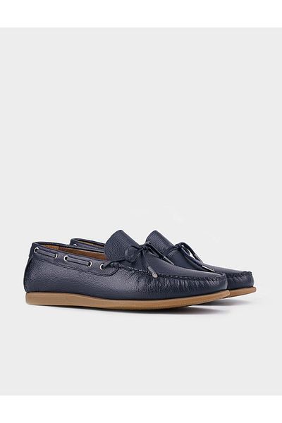 Cabani Genuine Leather Navy Blue Men's Lace-up Loafer Shoes