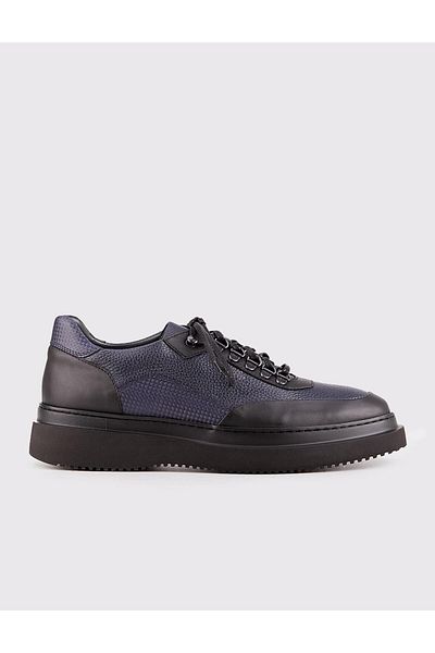 Cabani Navy Blue Genuine Leather Lace-Up Men's Casual Shoes