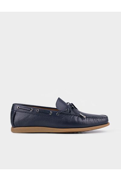 Cabani Genuine Leather Navy Blue Men's Lace-up Loafer Shoes