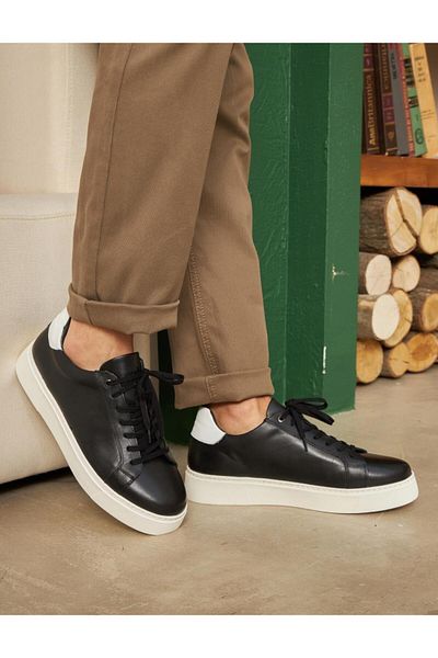 Cabani Genuine Leather Black Lace-Up Eva Sole Men's Sports Shoes