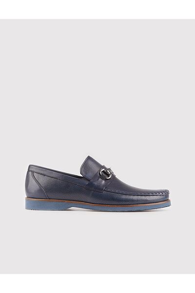 Cabani Men's Genuine Leather Navy Blue Casual Shoes with Metal Buckle Accessories