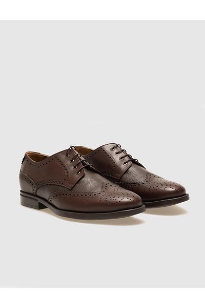 Cabani Genuine Leather Brown Lace-Up Patterned Men's Casual Shoes