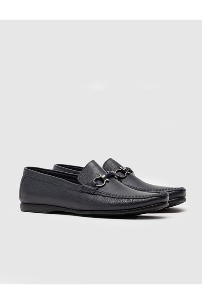 Cabani Genuine Leather Navy Blue Men's Loafer Shoes with Buckle Accessories