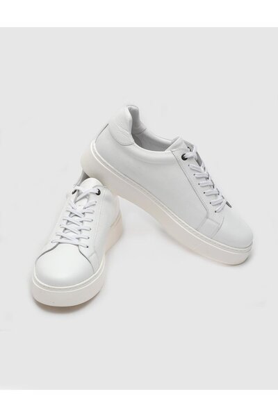 Cabani Genuine Leather White Lace-Up Men's Casual Sports Shoes with Ankle Blue Color Detail