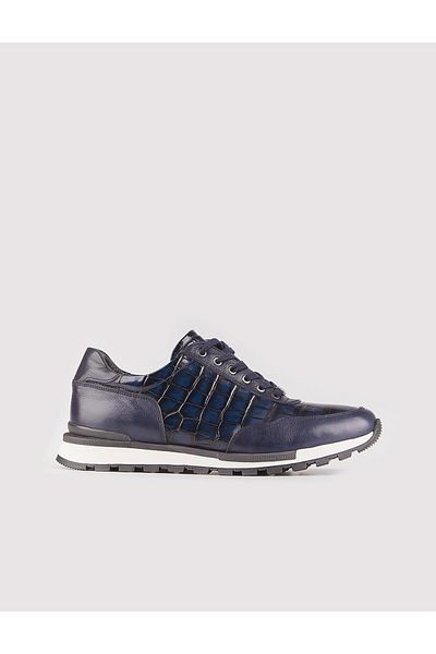 Cabani Genuine Leather Navy Blue Lace-Up Printed Men's Sports Shoes