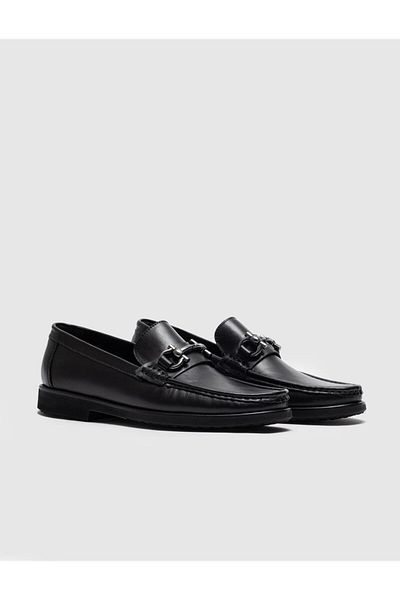 Cabani Genuine Leather Black Buckle Men's Casual Shoes