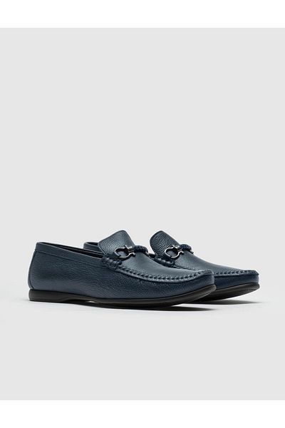 Cabani Genuine Leather Navy Blue Men's Loafer Shoes with Stitching Detail