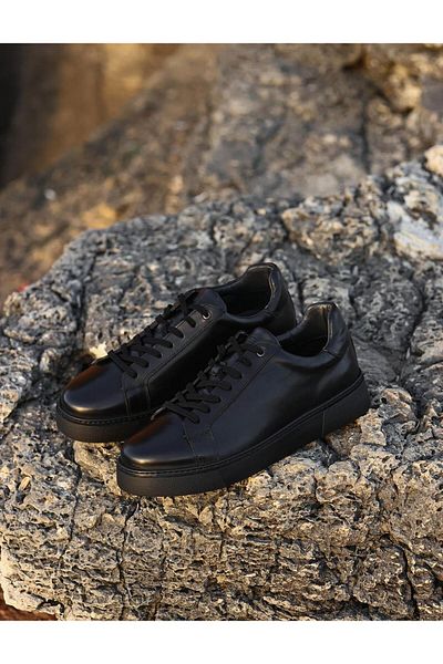 Cabani Genuine Leather Black Lace-Up Eva Sole Sneaker Men's Sports Shoes