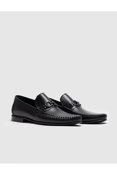 Cabani Genuine Leather Buckle Detailed Black Men's Classic Shoes