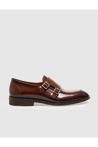 Cabani Genuine Leather Tan Opening Double Buckle Men's Classic Shoes