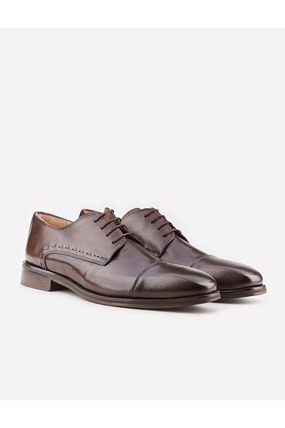 Cabani Genuine Leather Stitching Motif Brown Lace-Up Men's Classic Shoes