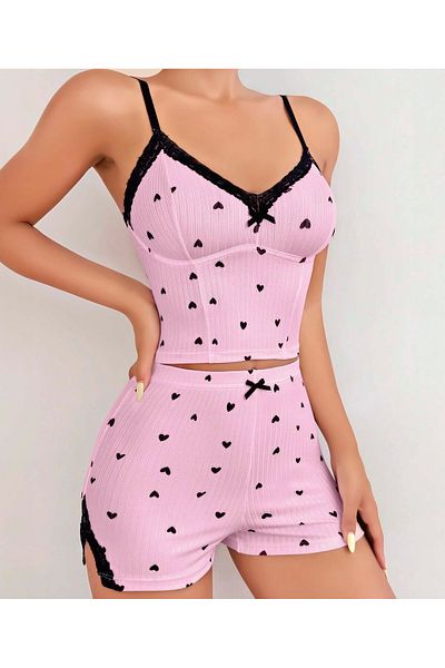 TİSTA Pantaloni scurți din bumbac pieptănat, roz, negru, cu fundă, set cămașă de noapte