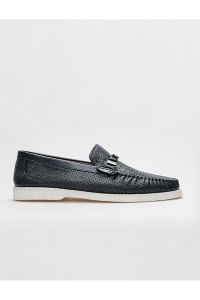 Cabani Genuine Leather Navy Blue Laser Detailed Men's Loafer