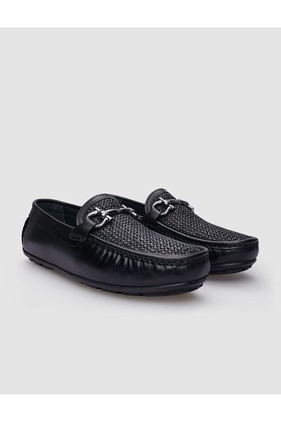 Cabani Black Genuine Leather Men's Loafer - 100% Knitted Detail