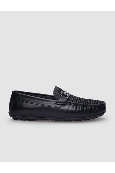 Cabani Black Genuine Leather Men's Loafer - 100% Knitted Detail