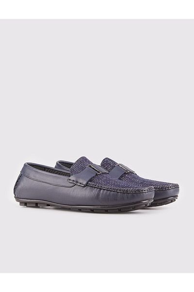 Cabani Genuine Leather Navy Blue Men's Shoes with Rubber Sole