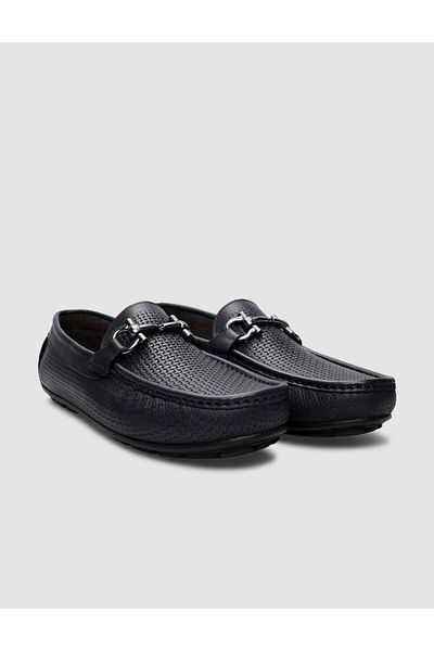 Cabani Navy Blue Knit Patterned 100% Genuine Leather Men's Loafer
