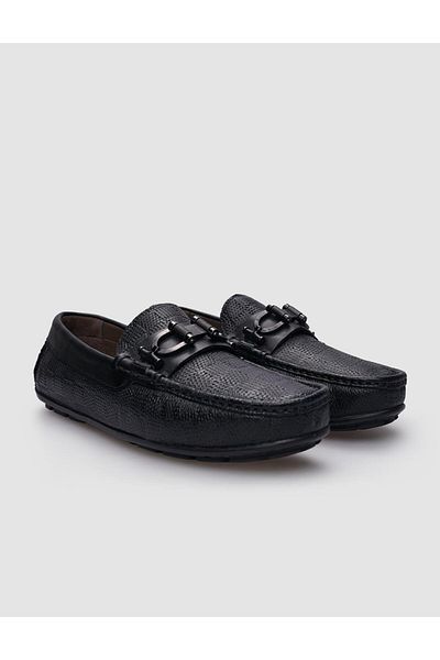 Cabani Black Patterned 100% Genuine Leather Men's Shoes - Buckle