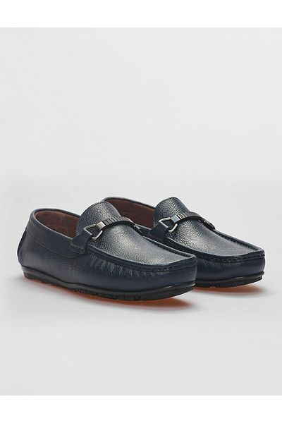 Cabani Genuine Leather Navy Blue Buckle Detailed Men's Loafer