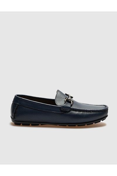 Cabani Buckle Detailed Genuine Leather Navy Blue Men's Loafer Shoes