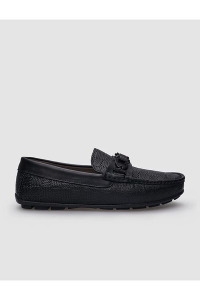 Cabani Black Patterned 100% Genuine Leather Men's Shoes - Buckle