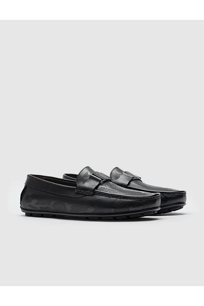 Cabani Camouflage Motif Genuine Leather Black Men's Loafer