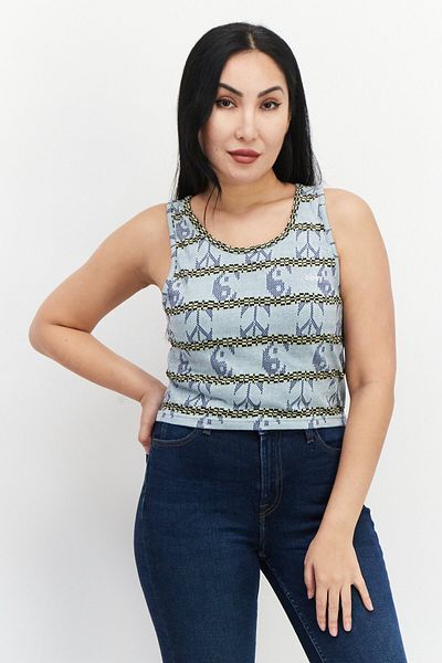 Obey Women Round Neck Sleeveless Textured Top, Blue Combo