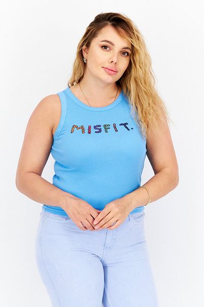 Misfit بلوزة نسائية بدون أكمام مضلعة بفتحة رقبة على شكل جوهرة، لون أزرق فاتح