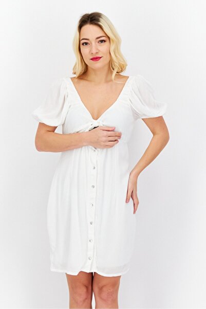 Dippin' Daisy's Women Button Fasten Detail Puffed Sleeve Mini Dress, White