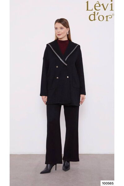 Levidor 100565 CEKETLİ TAKIM ÖNÜ ÇİFT DÜĞMELİ KRAUZE YAKA ŞERİT DETAYLI ÇİFT CEPLİ PANTOLONUN BELİ LASTİKLİ