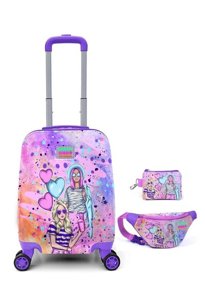 Coral High Pembe Fashion Baskılı Kız Çocuk Seyahat Valiz Bel Çantası ve Bozuk...