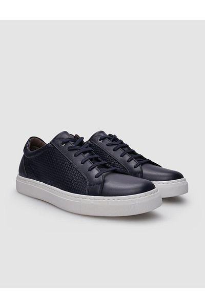 Cabani Navy Blue Patterned 100% Genuine Leather Men's Sneakers - Lace-up