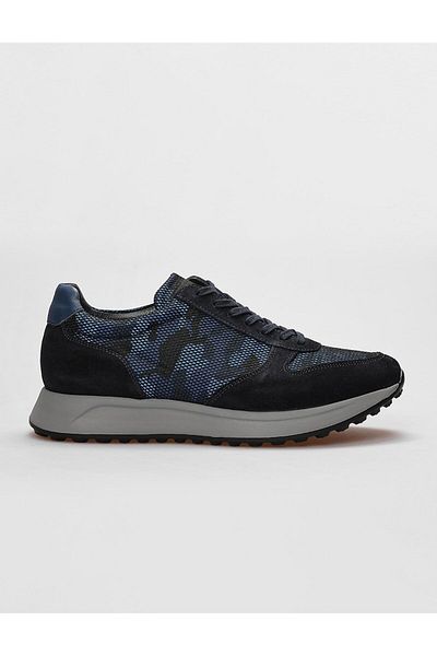Cabani Genuine Leather Navy Blue Camouflage Lace-Up Men's Sports Shoes