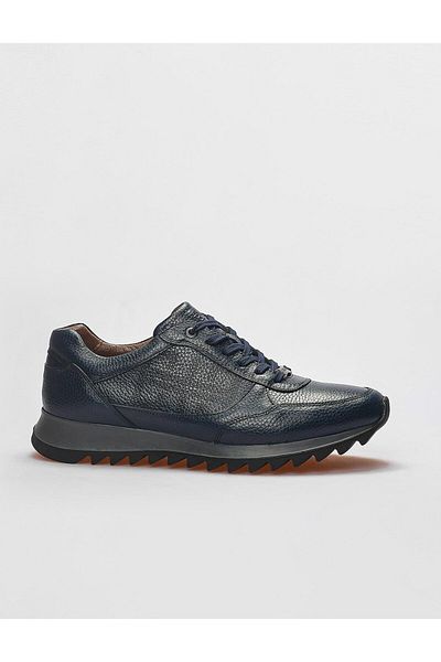 Cabani Genuine Leather Navy Blue Lace-Up Men's Sports Shoes