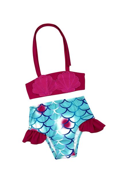 Lolliboomkids Set de bikini sirenă pentru fete de culoare roz - Design cu midii și detaliu cu volane
