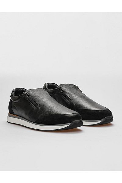 Cabani Genuine Leather Black Fur Zippered Men's Sports Shoes