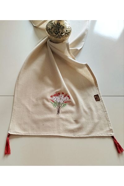 denizli hatırası Αυθεντικό Κεντητό Λινό Φούντα Raw Runner - 45x145 cm