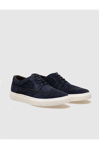 Cabani Genuine Leather Navy Blue Suede Lace-Up Men's Sports Shoes