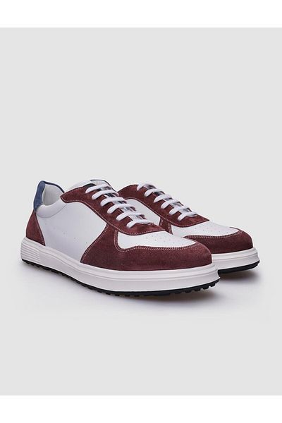 Cabani Men's Sneakers - 100% Genuine Leather, White, Burgundy Lace-up