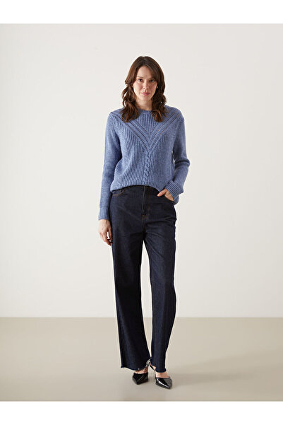 LC Waikiki Blue Crew Neck Lace-Like Knit Women's Knitwear Sweater