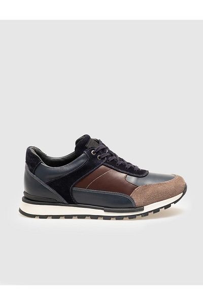 Cabani Genuine Leather Navy Blue Fur Lace-Up Men's Sports Shoes
