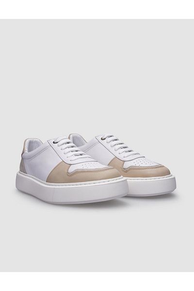 Cabani Men's Sneakers - 100% Genuine Leather, White, Beige Lace-up