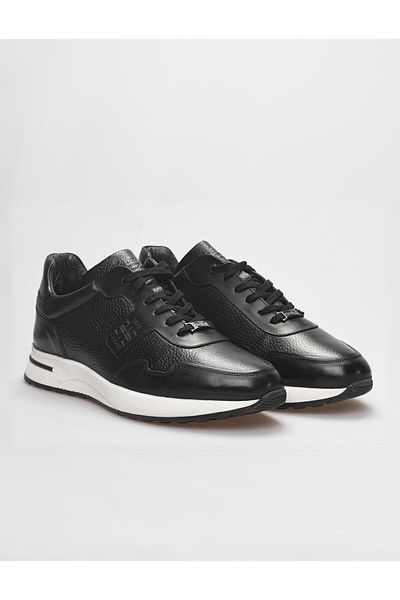 Cabani Genuine Leather Black Fur Lace-Up Men's Sports Shoes